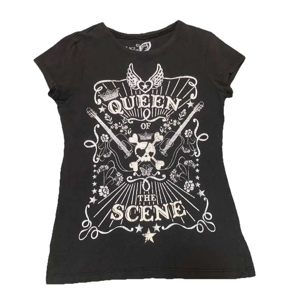 Girls 7/8 Black Fitted T-Shirt Emo Goth Queen of the Scene The Childrens Place